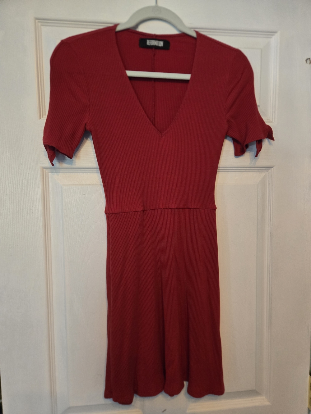 Reformation Red Ribbed V-Neck Mini Dress